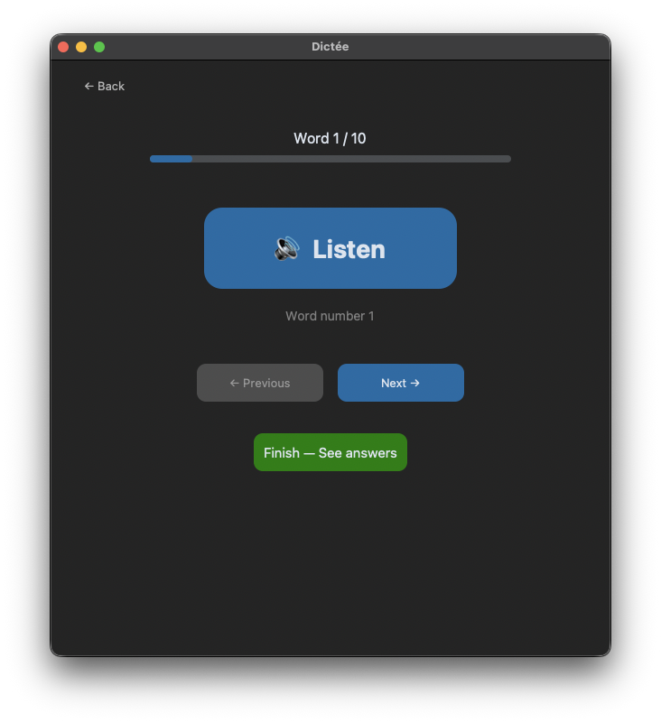 Dictée app listening screen