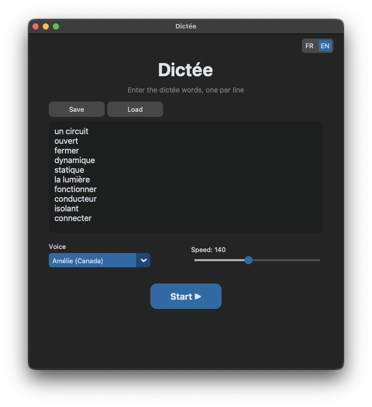 Dictée app setup screen in English