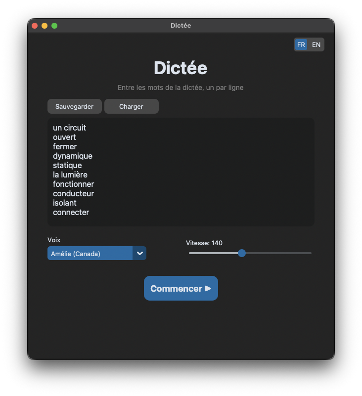 Dictée app setup screen in French